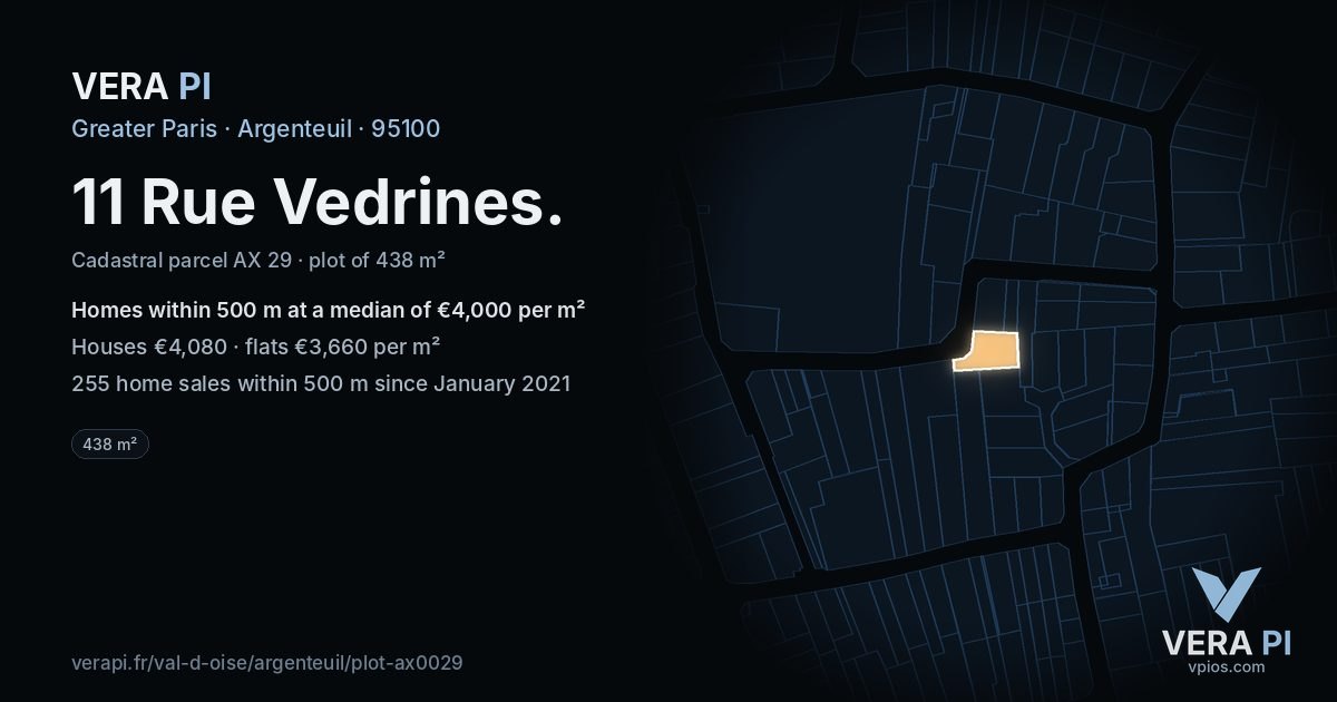 11 Rue Vedrines, Argenteuil at night – the plot lit, the parcels around coloured by the prices near them