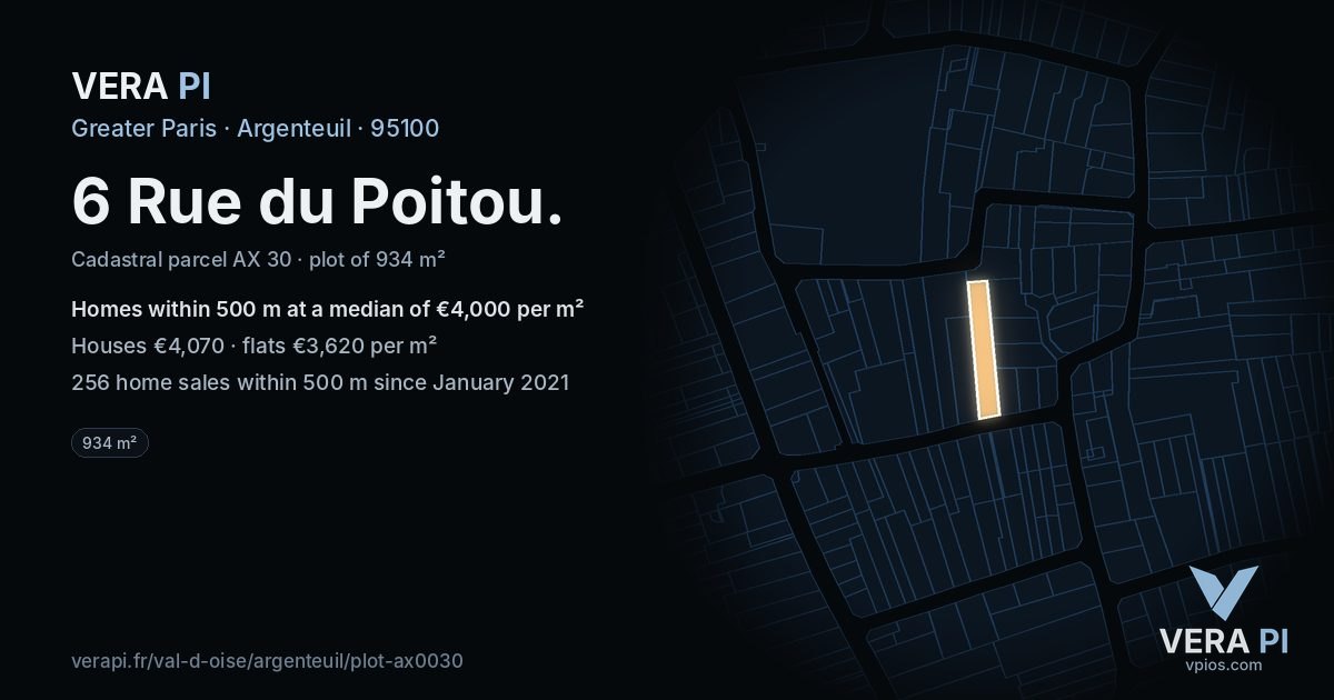 6 Rue du Poitou, Argenteuil at night – the plot lit, the parcels around coloured by the prices near them