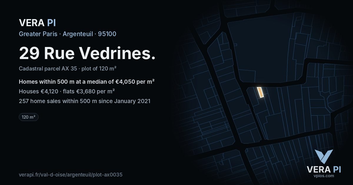 29 Rue Vedrines, Argenteuil at night – the plot lit, the parcels around coloured by the prices near them