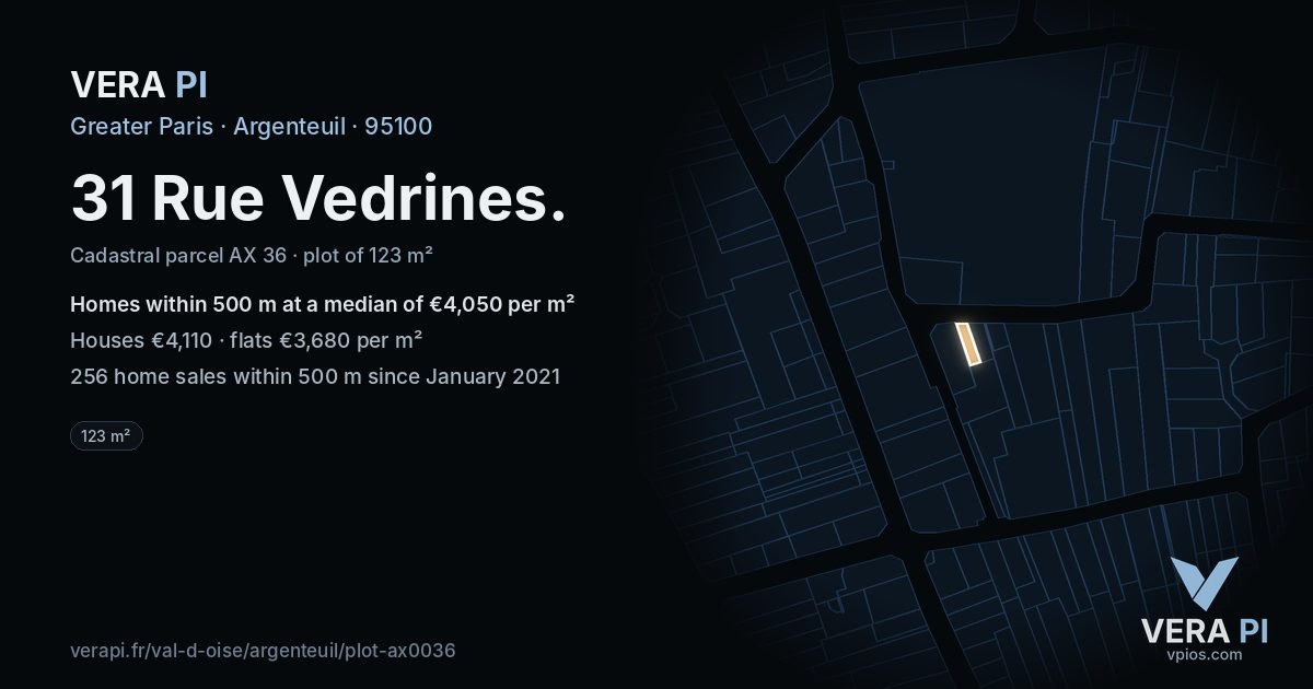 31 Rue Vedrines, Argenteuil at night – the plot lit, the parcels around coloured by the prices near them
