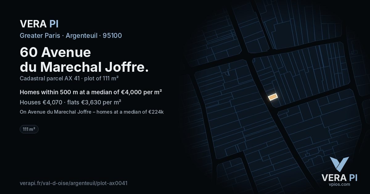 60 Avenue du Marechal Joffre, Argenteuil at night – the plot lit, the parcels around coloured by the prices near them
