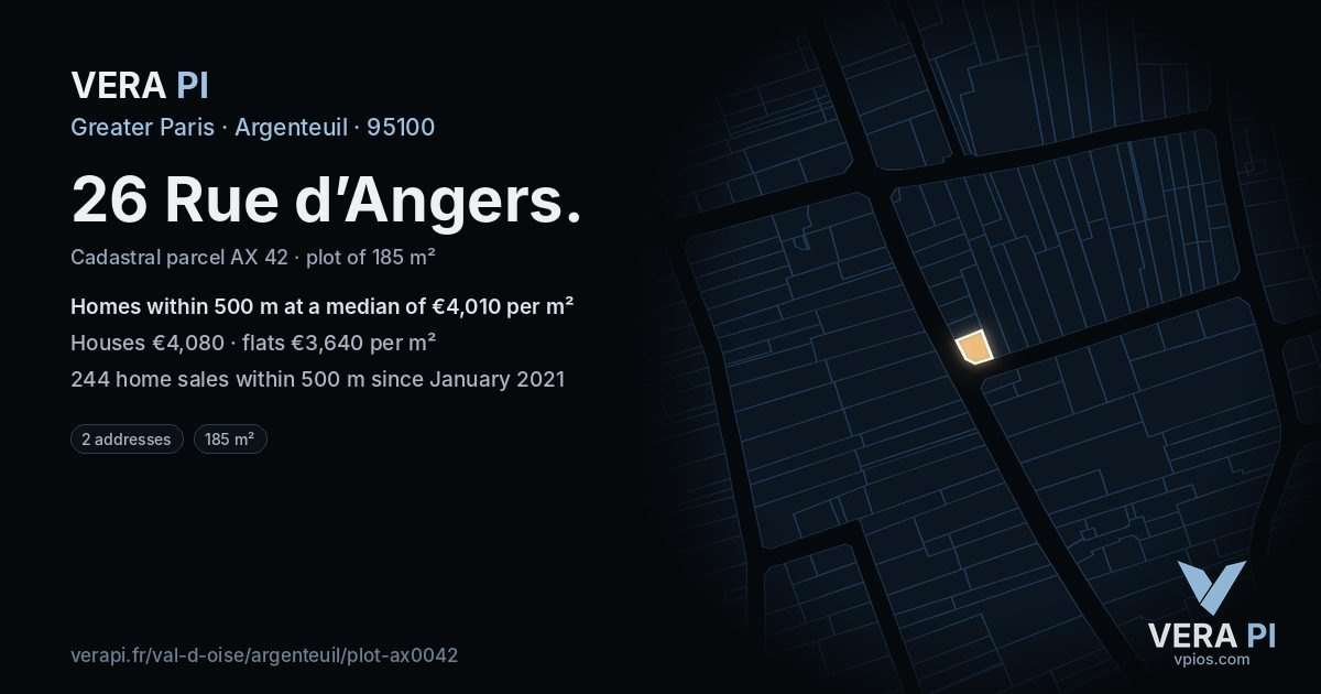 26 Rue d’Angers, Argenteuil at night – the plot lit, the parcels around coloured by the prices near them