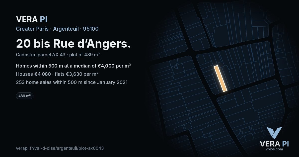 20 bis Rue d’Angers, Argenteuil at night – the plot lit, the parcels around coloured by the prices near them