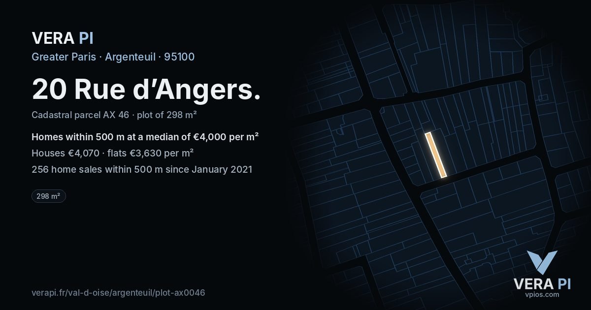 20 Rue d’Angers, Argenteuil at night – the plot lit, the parcels around coloured by the prices near them