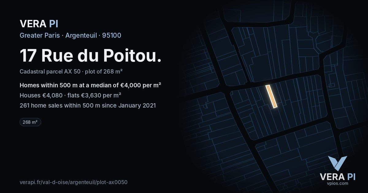 17 Rue du Poitou, Argenteuil at night – the plot lit, the parcels around coloured by the prices near them