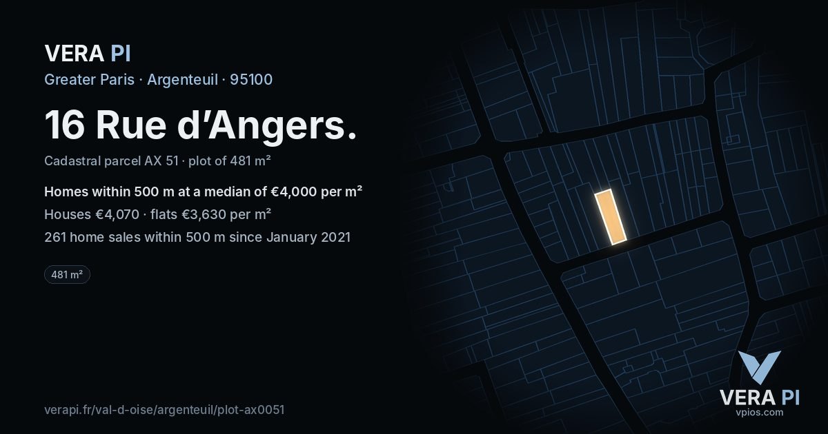 16 Rue d’Angers, Argenteuil at night – the plot lit, the parcels around coloured by the prices near them