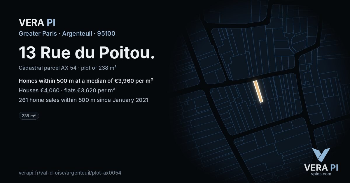 13 Rue du Poitou, Argenteuil at night – the plot lit, the parcels around coloured by the prices near them