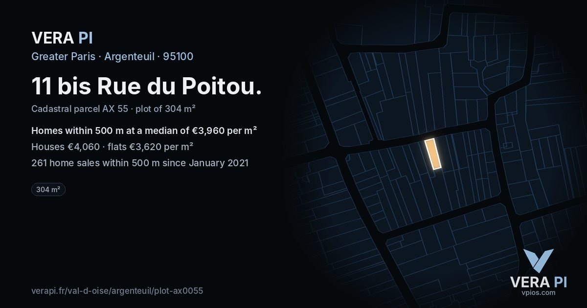 11 bis Rue du Poitou, Argenteuil at night – the plot lit, the parcels around coloured by the prices near them