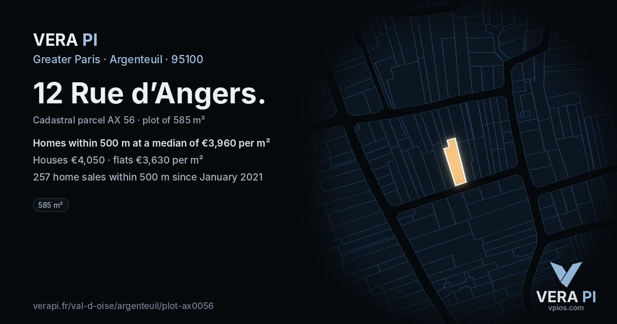 12 Rue d’Angers, Argenteuil at night – the plot lit, the parcels around coloured by the prices near them
