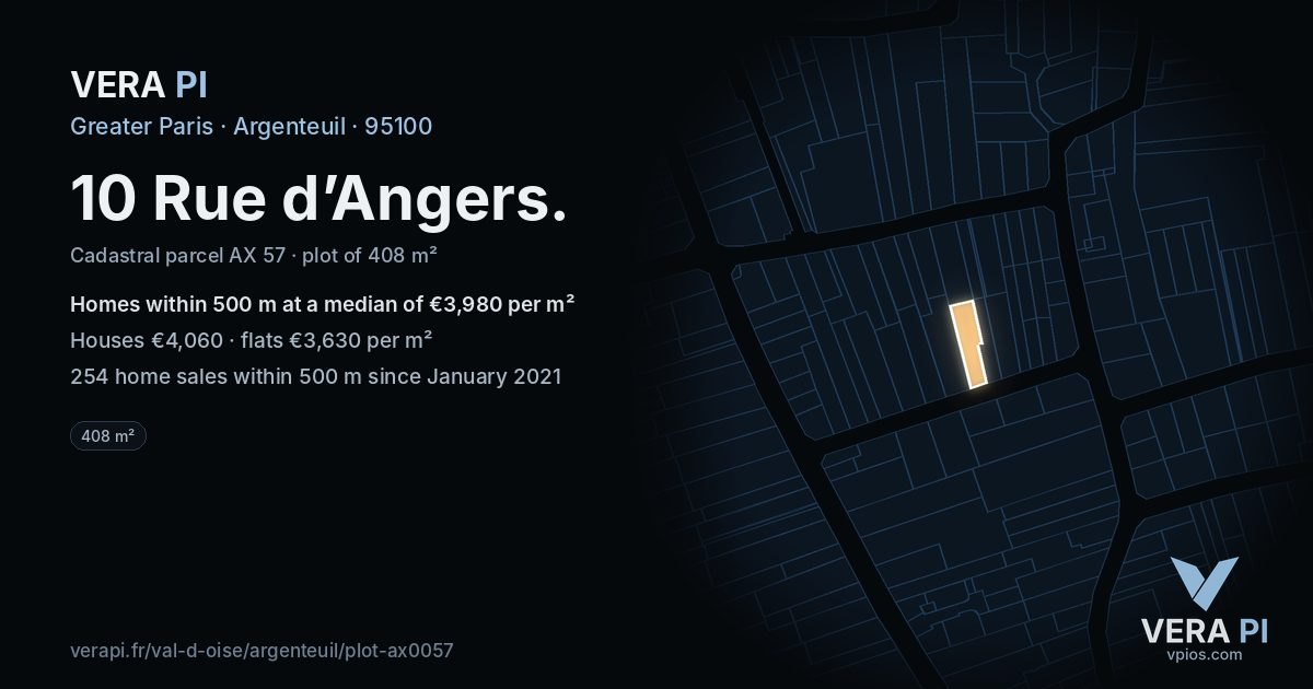 10 Rue d’Angers, Argenteuil at night – the plot lit, the parcels around coloured by the prices near them