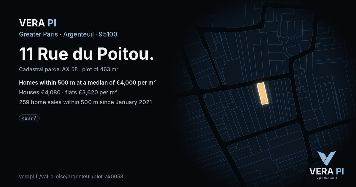 11 Rue du Poitou, Argenteuil at night – the plot lit, the parcels around coloured by the prices near them