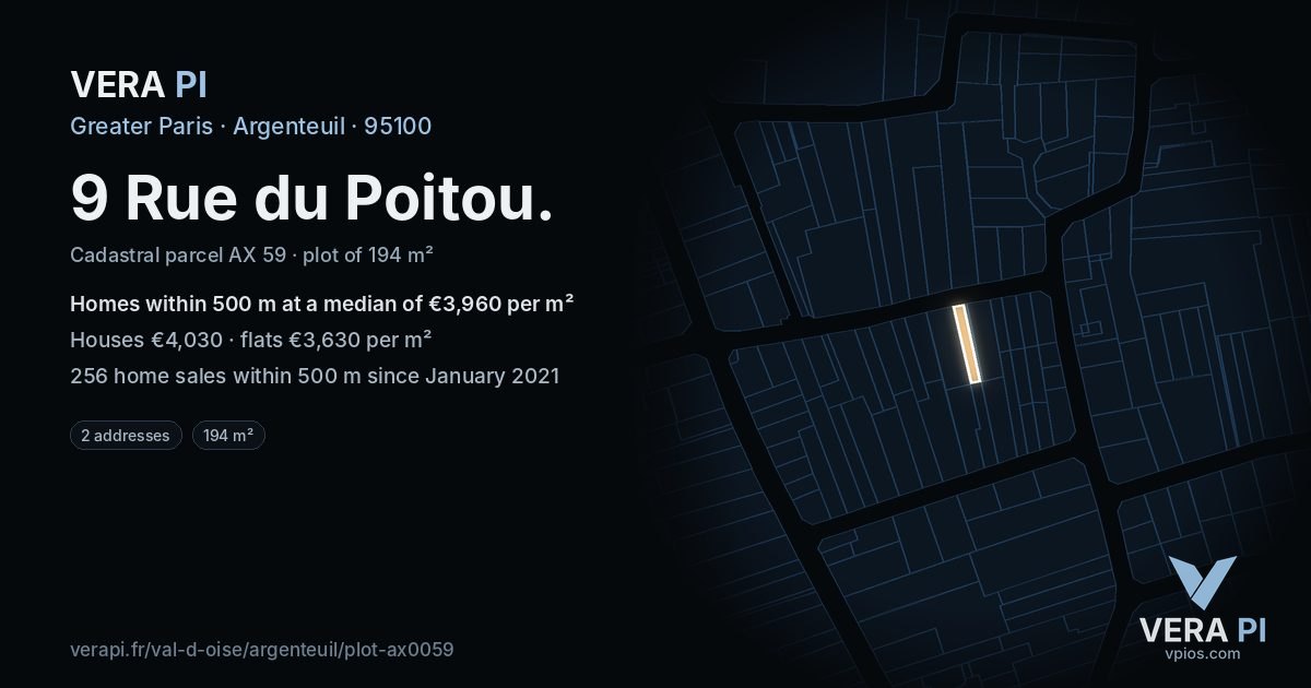 9 Rue du Poitou, Argenteuil at night – the plot lit, the parcels around coloured by the prices near them