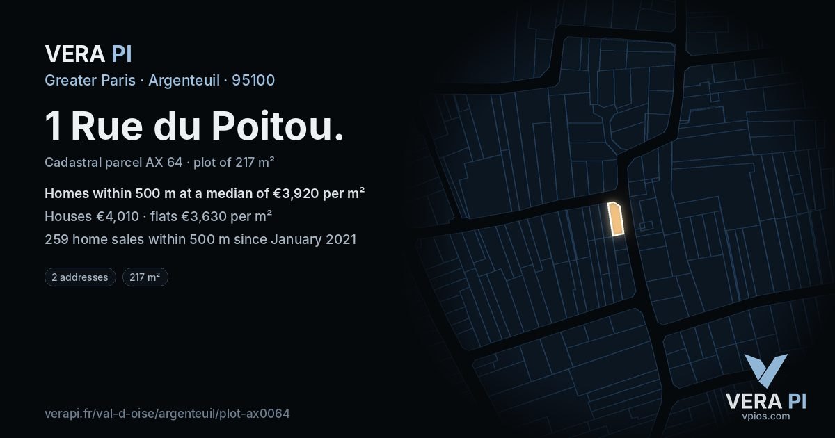 1 Rue du Poitou, Argenteuil at night – the plot lit, the parcels around coloured by the prices near them