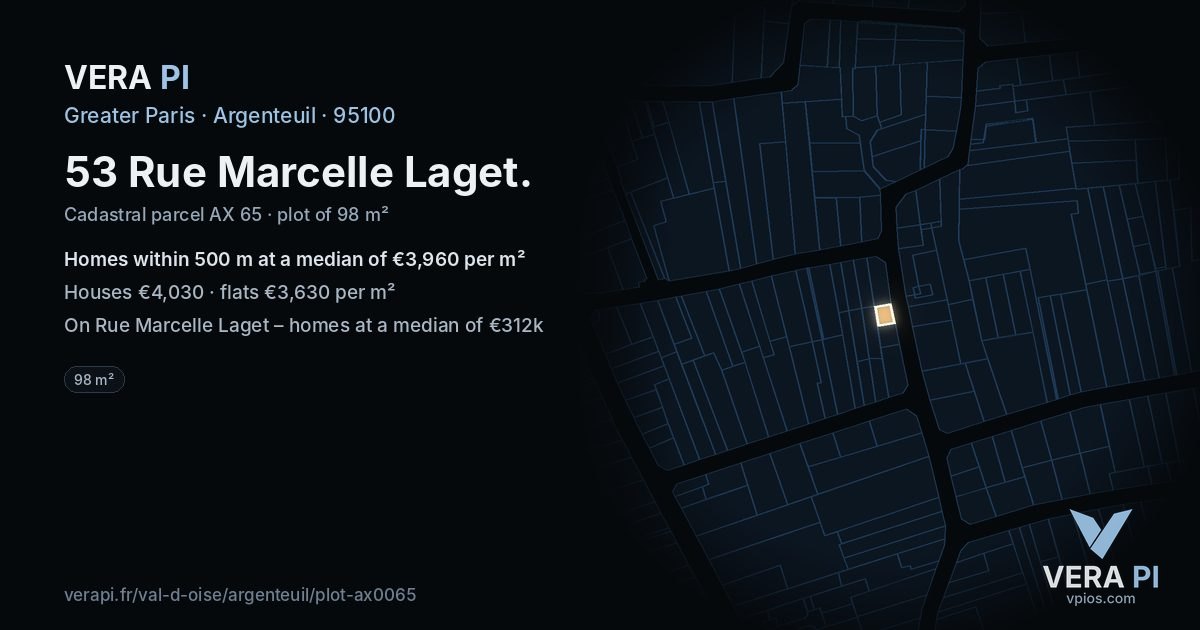 53 Rue Marcelle Laget, Argenteuil at night – the plot lit, the parcels around coloured by the prices near them