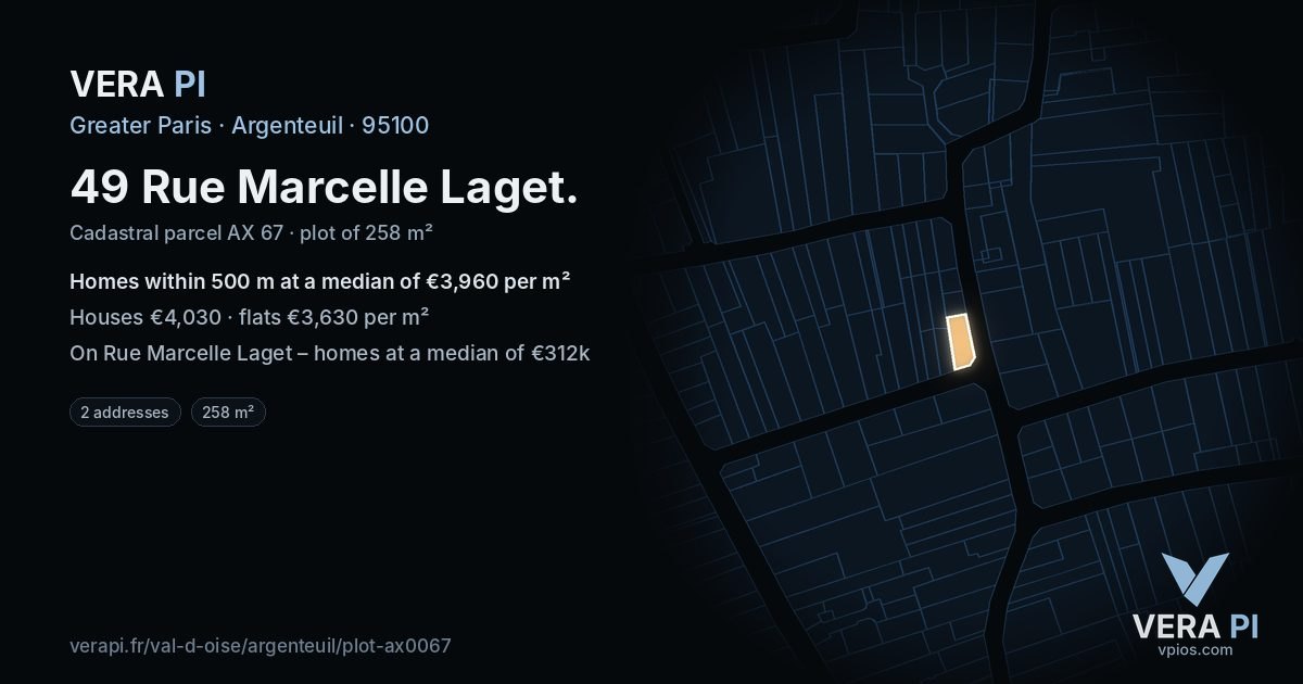 49 Rue Marcelle Laget, Argenteuil at night – the plot lit, the parcels around coloured by the prices near them