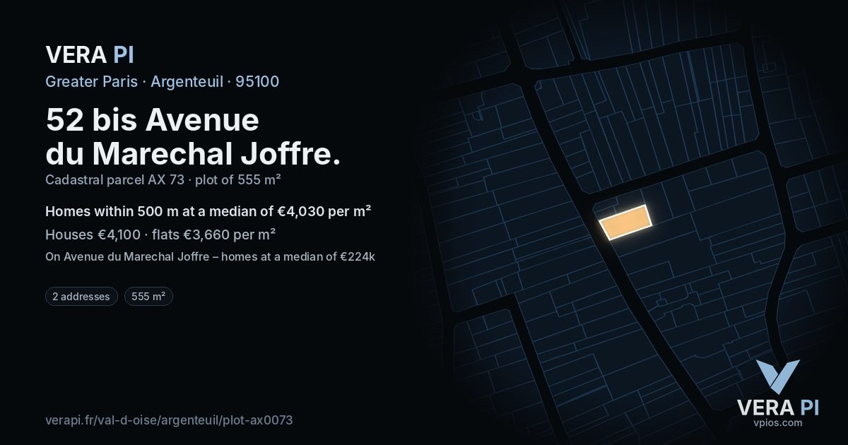 52 bis Avenue du Marechal Joffre, Argenteuil at night – the plot lit, the parcels around coloured by the prices near them