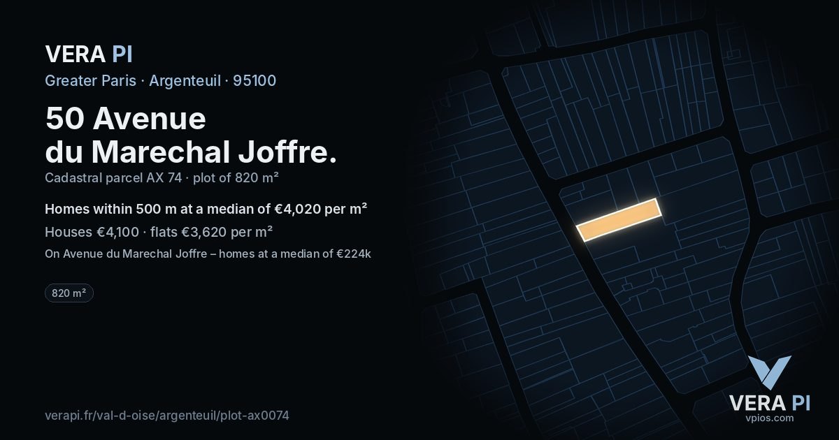 50 Avenue du Marechal Joffre, Argenteuil at night – the plot lit, the parcels around coloured by the prices near them