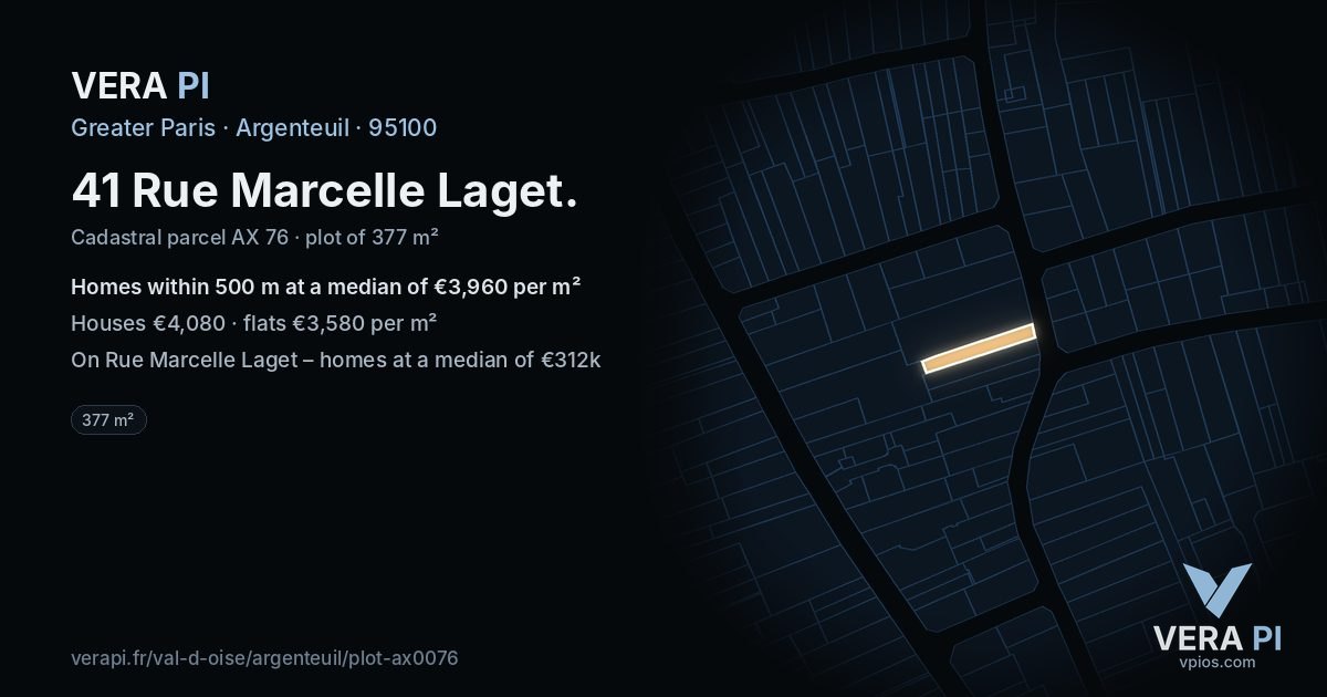 41 Rue Marcelle Laget, Argenteuil at night – the plot lit, the parcels around coloured by the prices near them