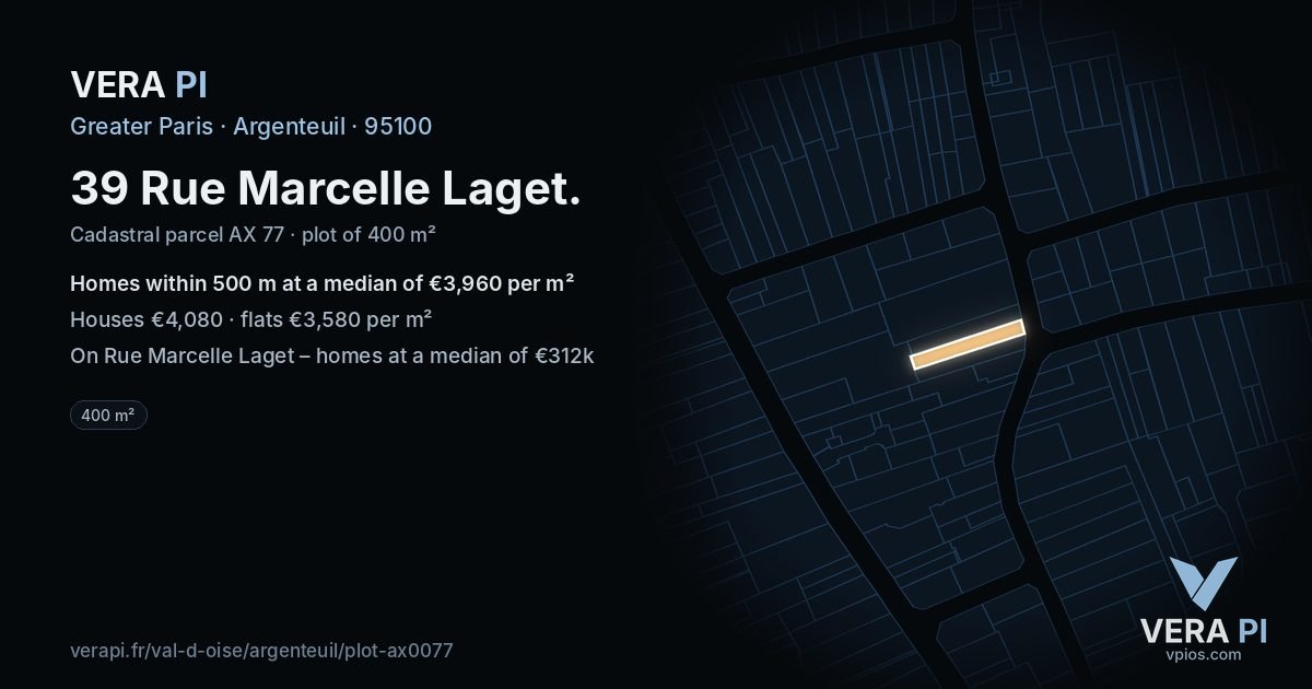 39 Rue Marcelle Laget, Argenteuil at night – the plot lit, the parcels around coloured by the prices near them