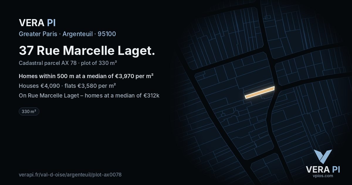 37 Rue Marcelle Laget, Argenteuil at night – the plot lit, the parcels around coloured by the prices near them