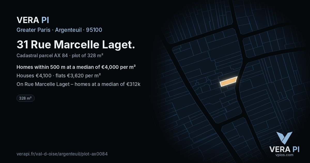31 Rue Marcelle Laget, Argenteuil at night – the plot lit, the parcels around coloured by the prices near them