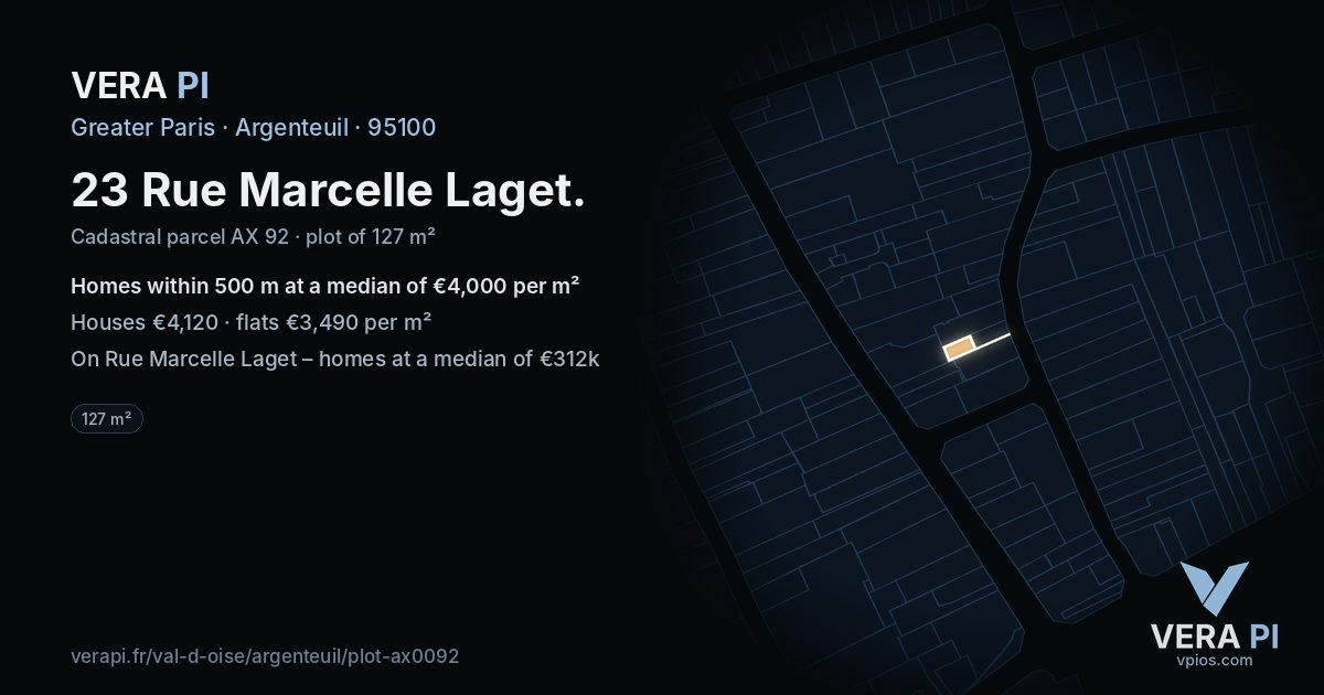 23 Rue Marcelle Laget, Argenteuil at night – the plot lit, the parcels around coloured by the prices near them