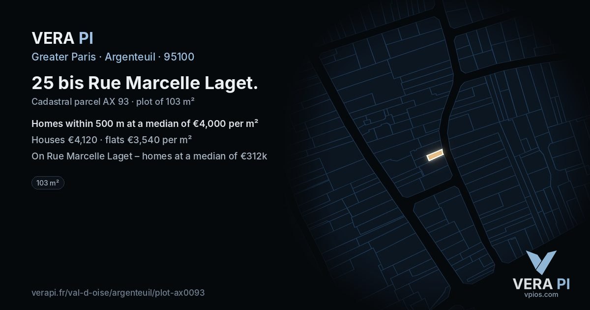 25 bis Rue Marcelle Laget, Argenteuil at night – the plot lit, the parcels around coloured by the prices near them