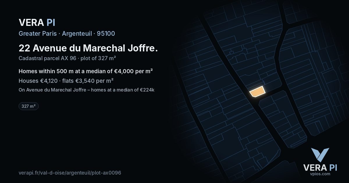 22 Avenue du Marechal Joffre, Argenteuil at night – the plot lit, the parcels around coloured by the prices near them
