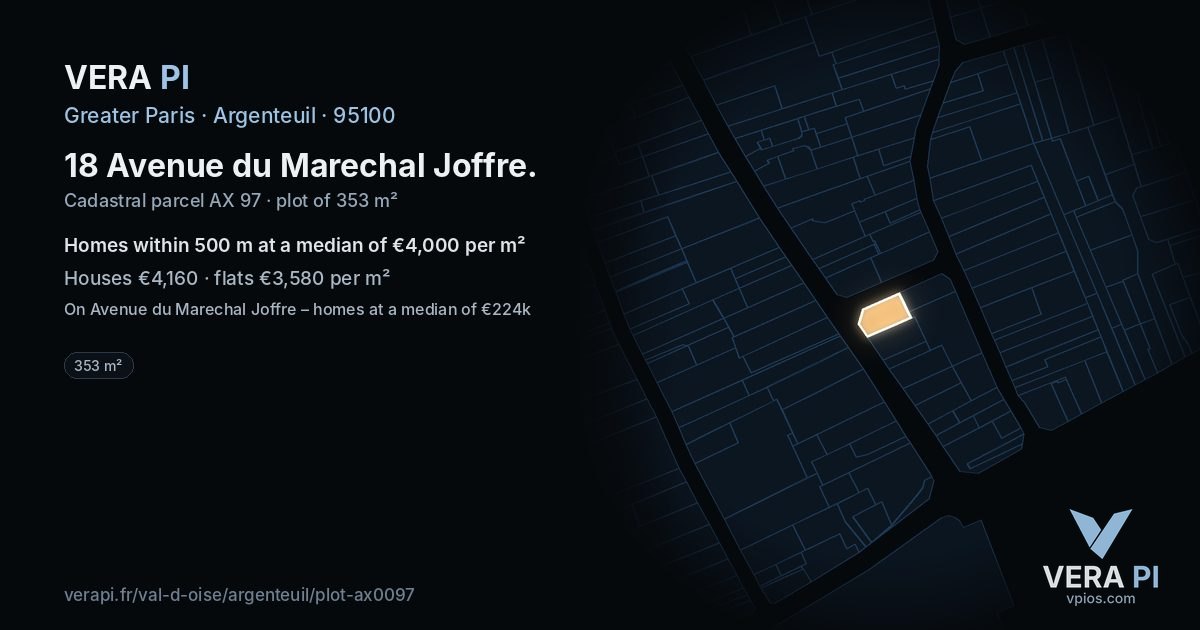 18 Avenue du Marechal Joffre, Argenteuil at night – the plot lit, the parcels around coloured by the prices near them