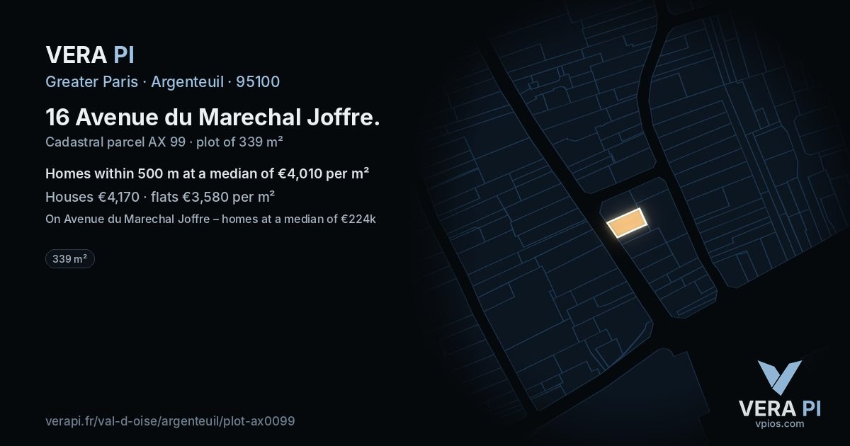 16 Avenue du Marechal Joffre, Argenteuil at night – the plot lit, the parcels around coloured by the prices near them