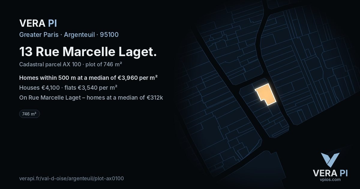 13 Rue Marcelle Laget, Argenteuil at night – the plot lit, the parcels around coloured by the prices near them