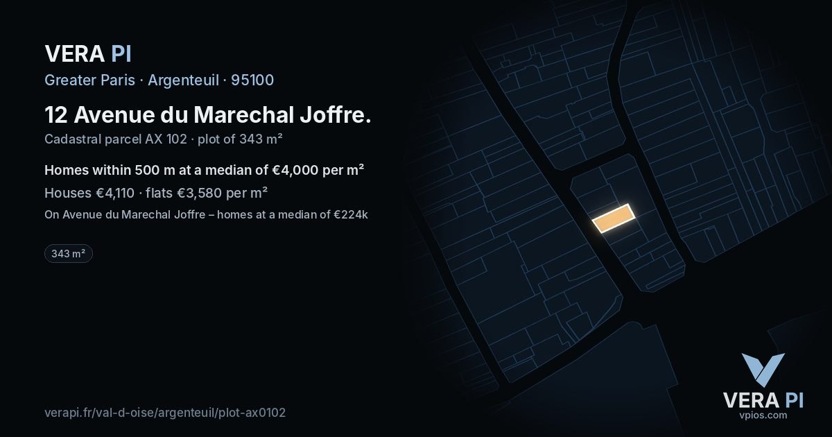 12 Avenue du Marechal Joffre, Argenteuil at night – the plot lit, the parcels around coloured by the prices near them