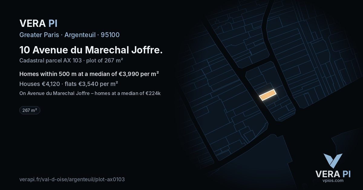 10 Avenue du Marechal Joffre, Argenteuil at night – the plot lit, the parcels around coloured by the prices near them