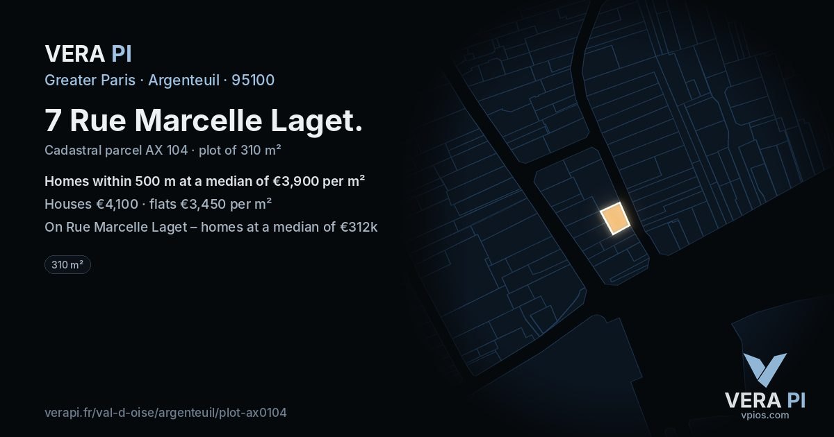 7 Rue Marcelle Laget, Argenteuil at night – the plot lit, the parcels around coloured by the prices near them
