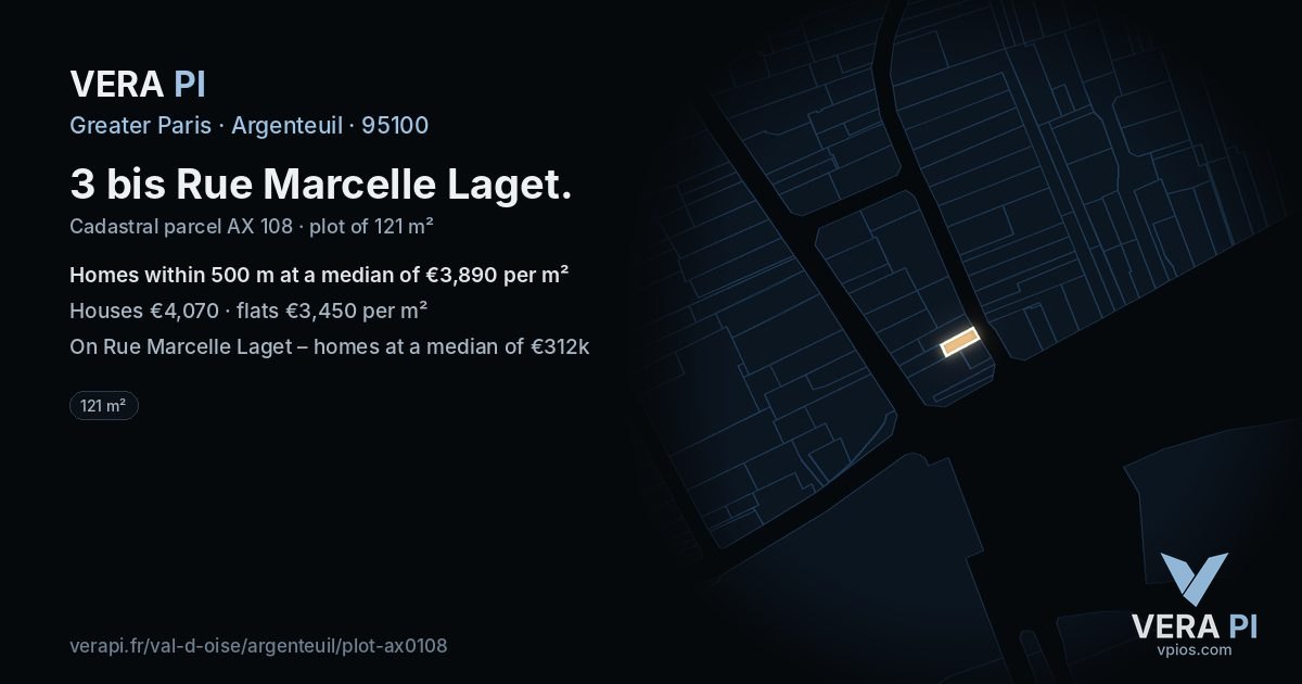 3 bis Rue Marcelle Laget, Argenteuil at night – the plot lit, the parcels around coloured by the prices near them