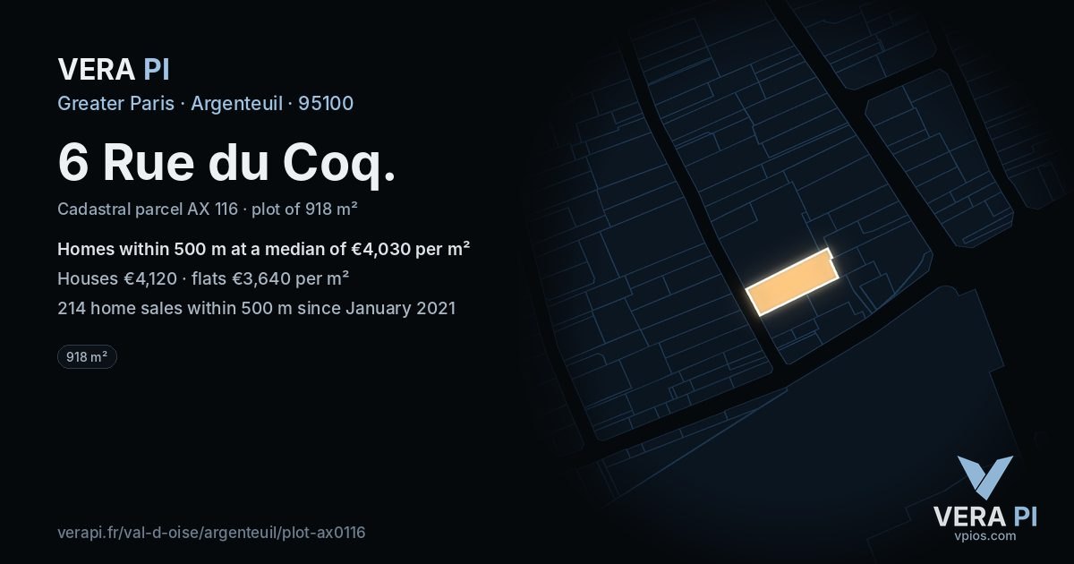6 Rue du Coq, Argenteuil at night – the plot lit, the parcels around coloured by the prices near them