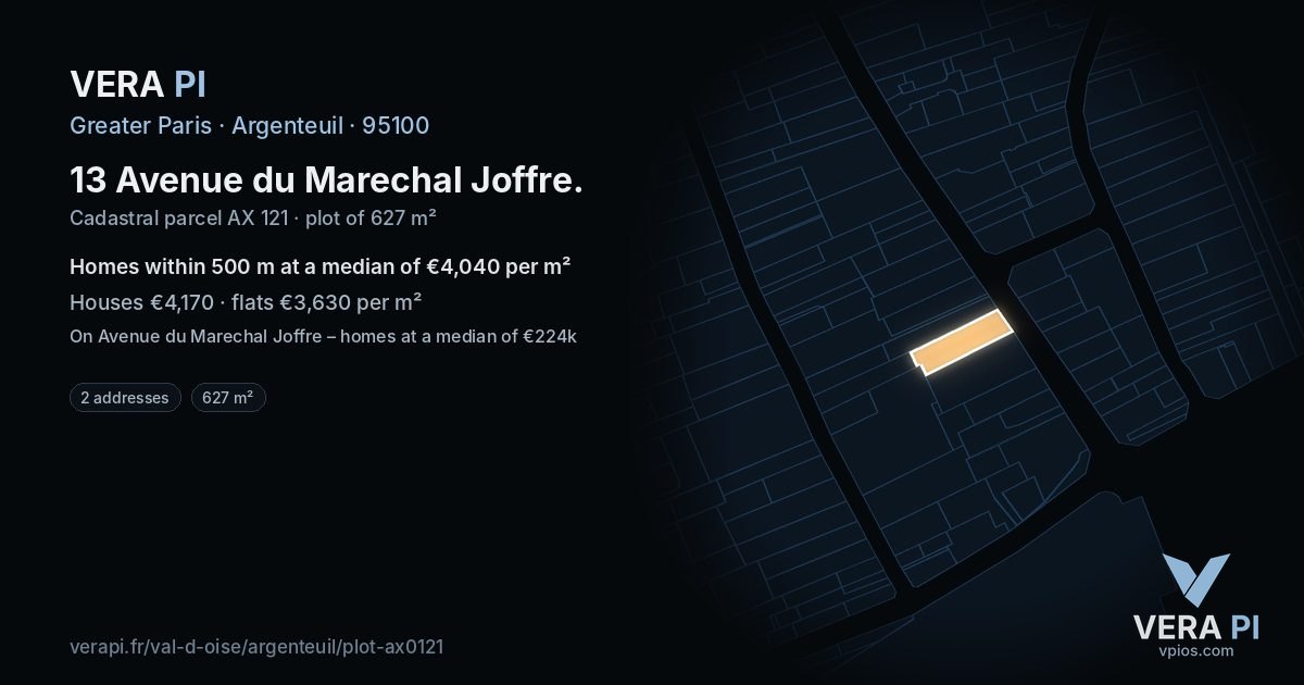 13 Avenue du Marechal Joffre, Argenteuil at night – the plot lit, the parcels around coloured by the prices near them