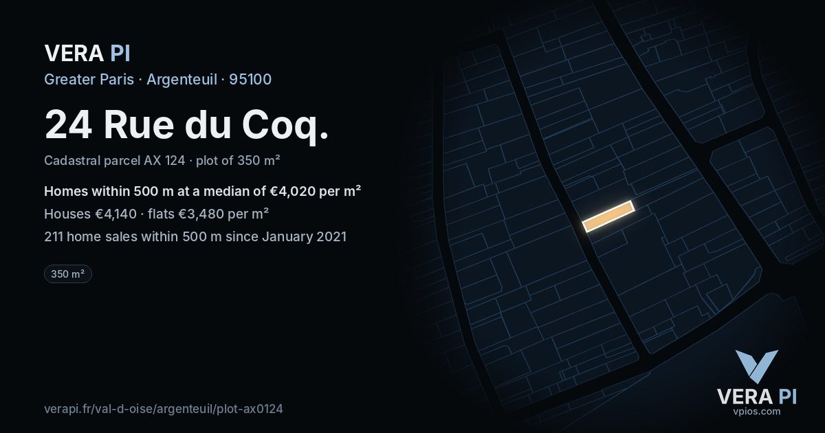 24 Rue du Coq, Argenteuil at night – the plot lit, the parcels around coloured by the prices near them