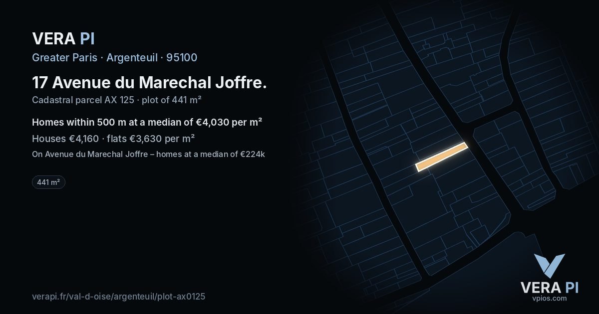 17 Avenue du Marechal Joffre, Argenteuil at night – the plot lit, the parcels around coloured by the prices near them