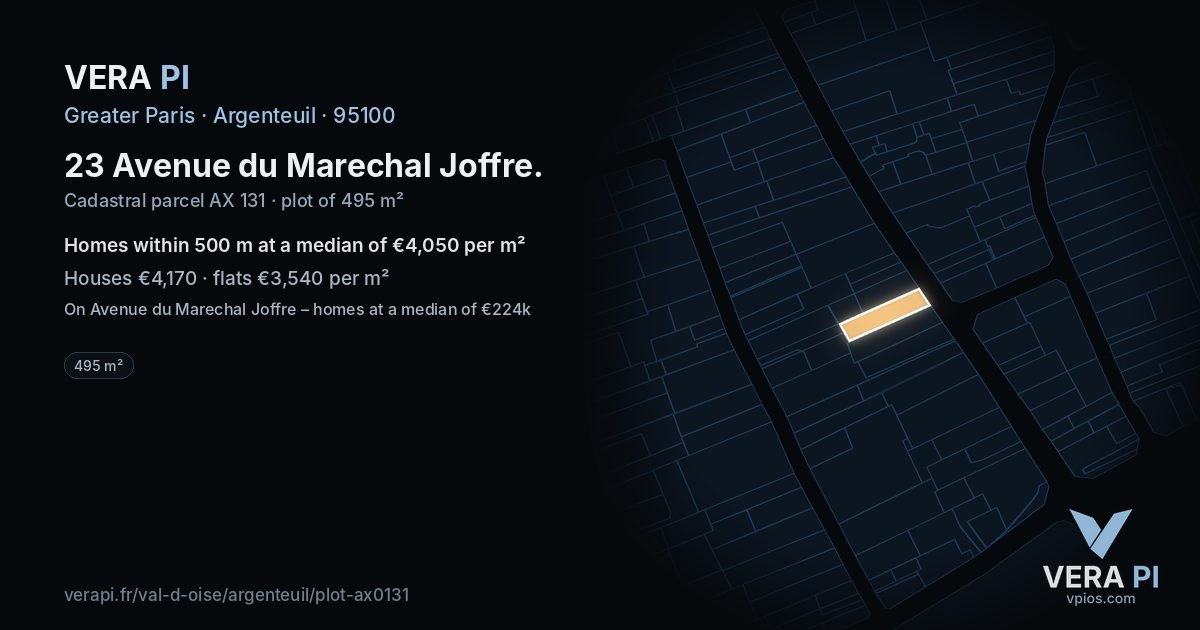 23 Avenue du Marechal Joffre, Argenteuil at night – the plot lit, the parcels around coloured by the prices near them