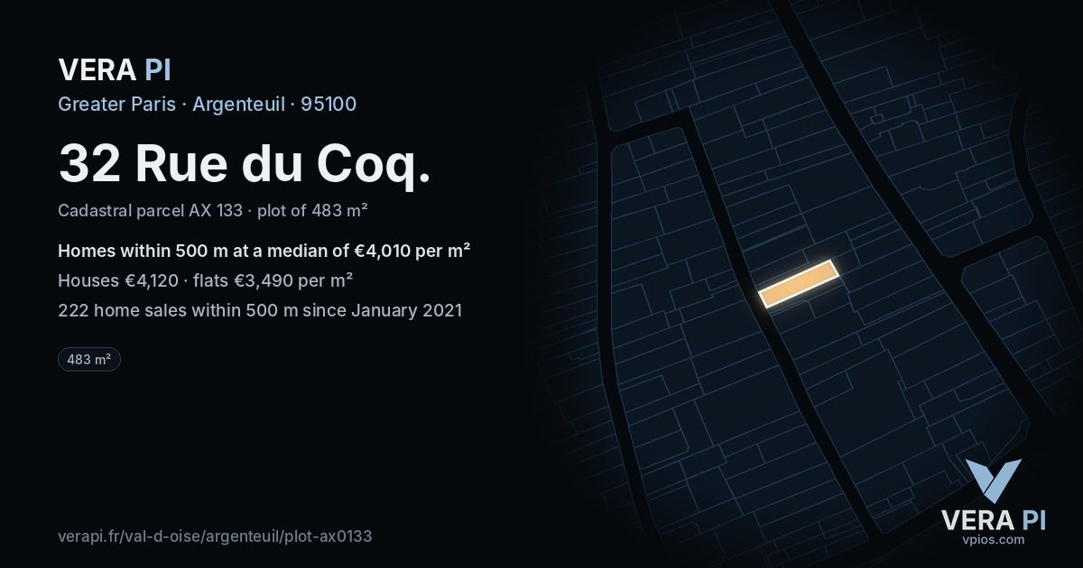 32 Rue du Coq, Argenteuil at night – the plot lit, the parcels around coloured by the prices near them