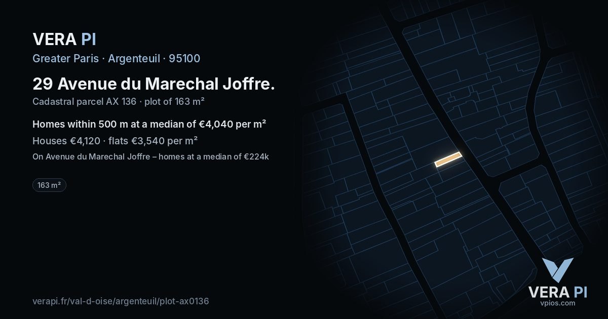 29 Avenue du Marechal Joffre, Argenteuil at night – the plot lit, the parcels around coloured by the prices near them
