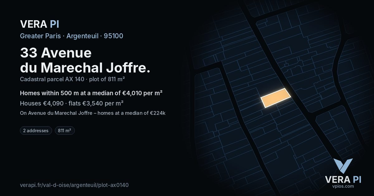 33 Avenue du Marechal Joffre, Argenteuil at night – the plot lit, the parcels around coloured by the prices near them