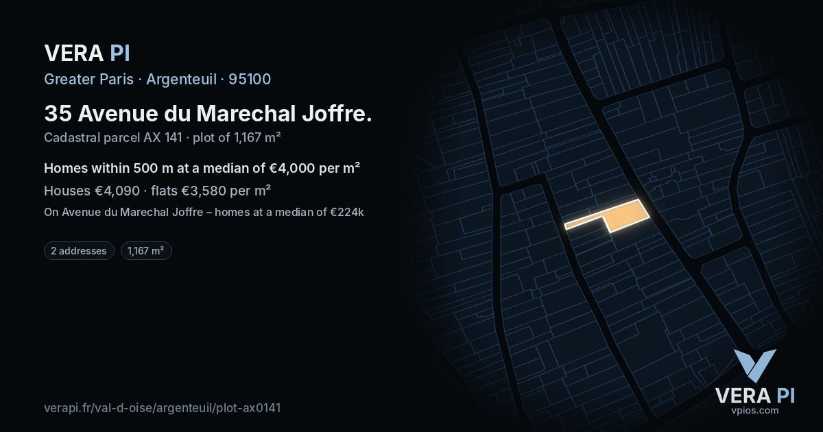 35 Avenue du Marechal Joffre, Argenteuil at night – the plot lit, the parcels around coloured by the prices near them