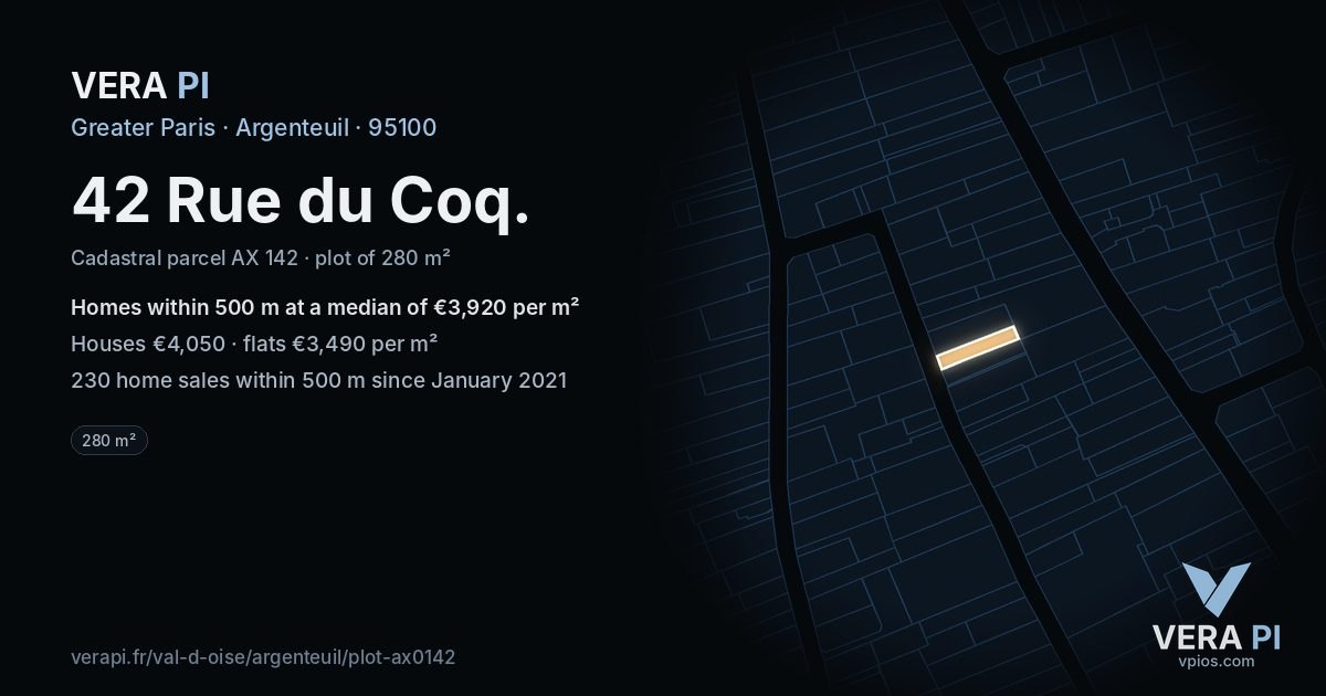 42 Rue du Coq, Argenteuil at night – the plot lit, the parcels around coloured by the prices near them