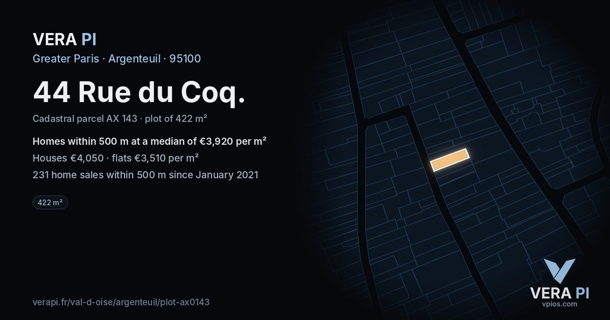 44 Rue du Coq, Argenteuil at night – the plot lit, the parcels around coloured by the prices near them