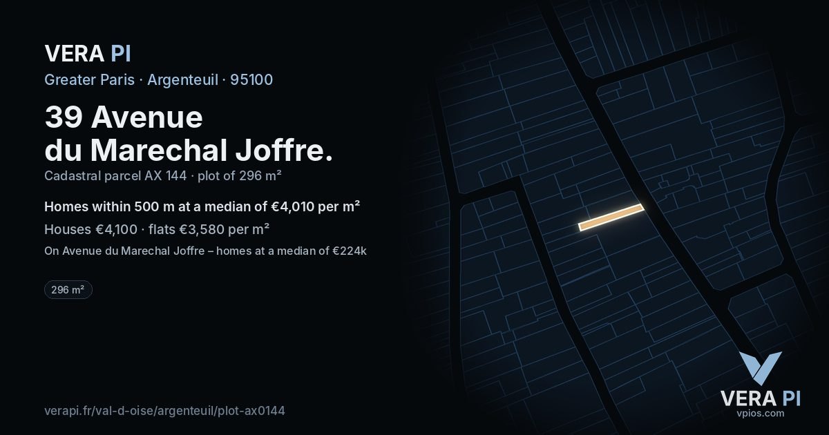 39 Avenue du Marechal Joffre, Argenteuil at night – the plot lit, the parcels around coloured by the prices near them