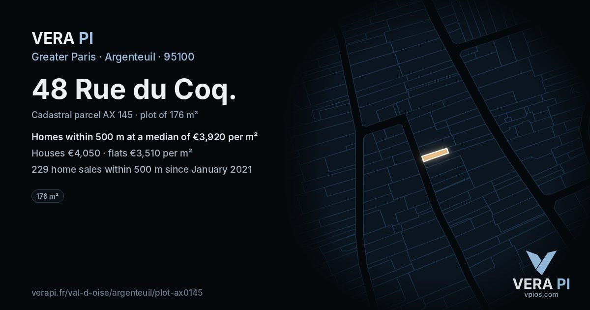 48 Rue du Coq, Argenteuil at night – the plot lit, the parcels around coloured by the prices near them