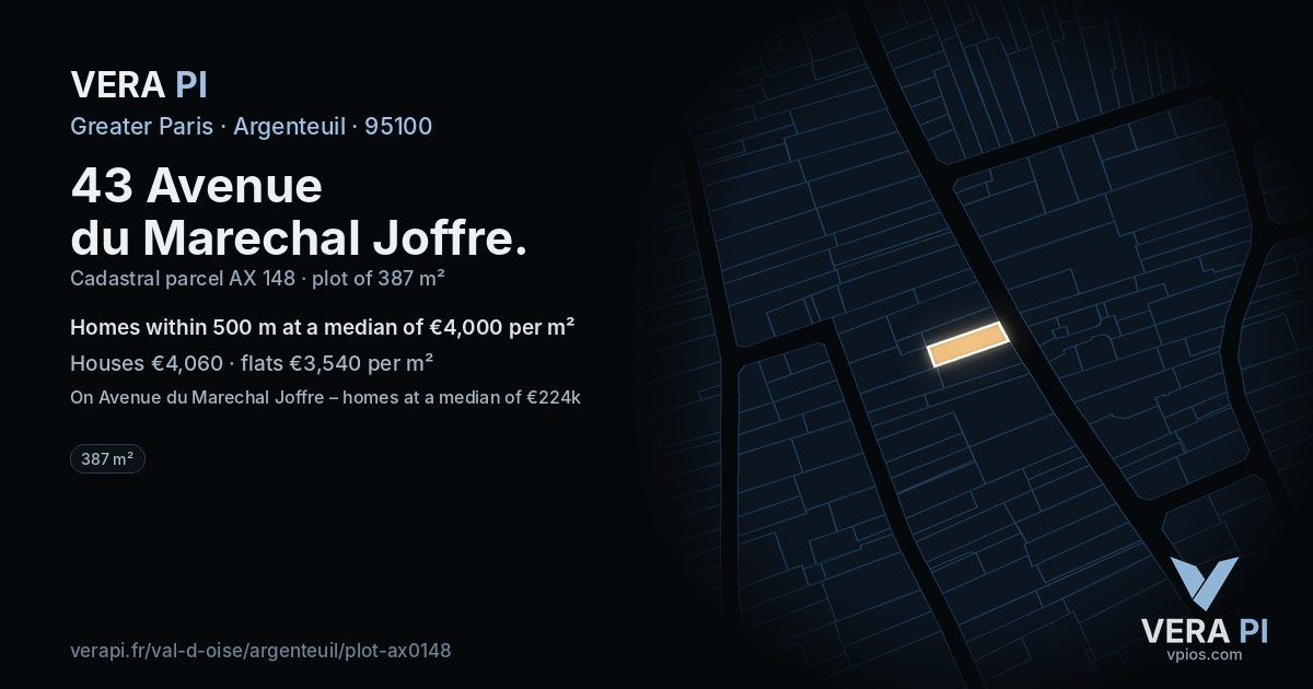 43 Avenue du Marechal Joffre, Argenteuil at night – the plot lit, the parcels around coloured by the prices near them