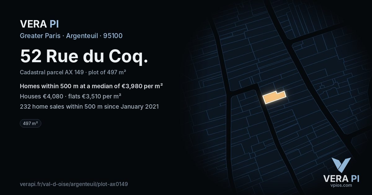 52 Rue du Coq, Argenteuil at night – the plot lit, the parcels around coloured by the prices near them